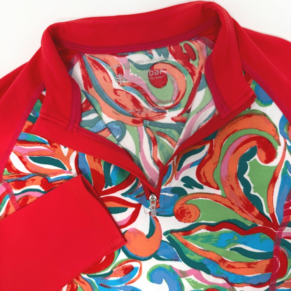 Coolibar Womens Small Freestyle Rash Guard Red Abstract Paisley‎ UPF 50+